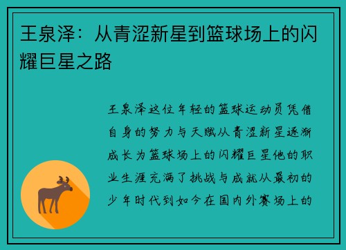 王泉泽：从青涩新星到篮球场上的闪耀巨星之路