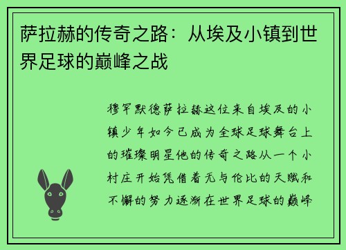 萨拉赫的传奇之路：从埃及小镇到世界足球的巅峰之战
